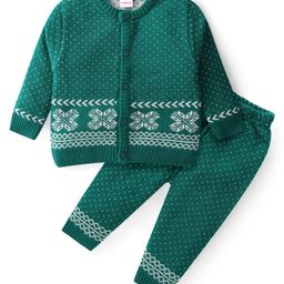 Babyhug Knit Full Sleeves Front Open Sweater Set with Polka Dot Design - Green-image-84