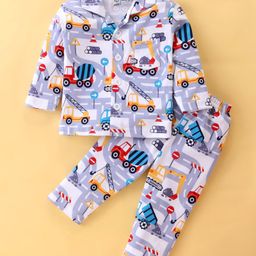 Little Darlings Cotton Knit Full Sleeves Night Suit With Construction Vehicles Print - White-image-97