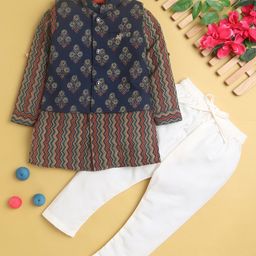 Jeet Ethnics Full Sleeves Abstract & Floral Printed Kurta Pyjama With Jacket - Navy Blue-19