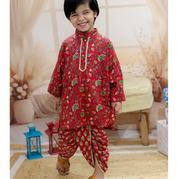 BownBee Full Sleeves Floral Printed & Gota Lace Embellished Kurta Dhoti Set - Red-picture-45
