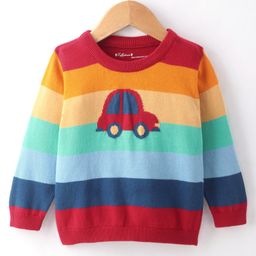 ToffyHouse Knitted Full Sleeves Striped Sweater with Car Print - Multicolor-image-86