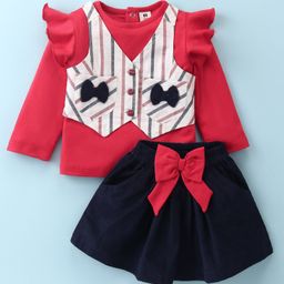 ToffyHouse 100% Cotton Knit Full Sleeves Frill Detailed Top With Woven Yarn Dyed Checkered Bow Appliques Waist Coat & Skirt - Red-image-29