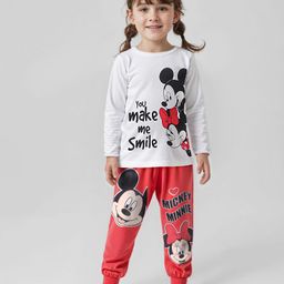 Babyhug Disney Cotton Knit Full Sleeves Night Suit With Minnie Mouse Graphics - Red & White-image-1