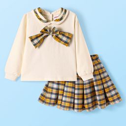 Babyhug Terry Knit Full Sleeves Top & Checkered Skirt Set With Bow Applique - White-image-60
