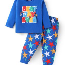 Babyhug Cotton Knit Full Sleeves Night Suit With Stars & Text Print - Blue-image-33