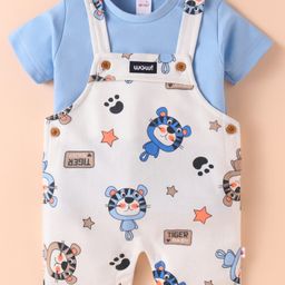 WOW Clothes Cotton Knit Half Sleeves T-Shirt & Dungaree Style Romper with Tiger Print - Blue & White-image-18