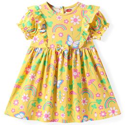 Babyhug Cotton Woven Half Sleeves Dress With Floral Print & Bow Applique - Yellow-image-25