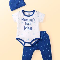 Doodle Poodle 100% Cotton Interlock Knit Half Sleeves Stars Printed Onesie with Diaper Legging & Cap - Blue & White-image-34
