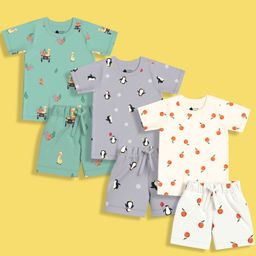 Orange Sugar 100% Cotton Knit Pack of 3 Half Sleeves Oranges & Animals Printed Tees & Coordinating Shorts Set - Multi Colour-picture-45