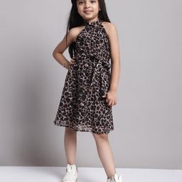 Mini & Ming Georgette Sleeveless Leopard Printed Dress - Black-image-74