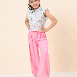 StyloBug Sleeveless Floral Printed Shirt Style Top With Palazzo Set - Multi Colour-image-64