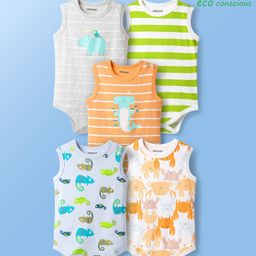 Babyoye 100% Cotton Knit Sleeveless Striped & Animals Printed Onesies Pack of 5 - Multicolor-image-92