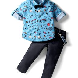 Dapper Dudes Full Sleeves Space Theme Printed Shirt With Bow Suspender & Pant Set - Blue-image-22