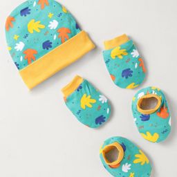 OHMS Single Jersey Knit Cap Mittens & Booties Set With Leaves Print Aqua - Diameter 10.5 cm-10