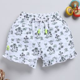 Biskid Cotton Beach Theme Printed Shorts - White & Black-image-74