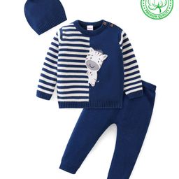 Babyhug Knitted Full Sleeves Striped Sweater Set with Cap & Zebra Patch - Royal Blue-image-35