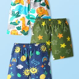 Babyhug Cotton Woven Above Knee Length Boxer With Stars & Animal Print Pack Of 3 -Navy Blue White & Green-image-69
