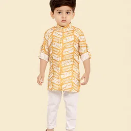 little desi Pure Cotton Woven Full Sleeves Abstract Printed Kurta Pyjama Set - Gold-picture-16