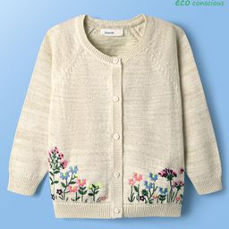 Babyoye 100% Cotton Full Raglan Sleeves Cardigan With Floral Embroidery - Offwhite-image-2