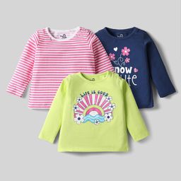 Doodle Poodle 100% Cotton Knit Full Sleeves T-Shirt with Text Print & Stripes Pack of 3 - White Limegreen & Navy Blue-picture-38