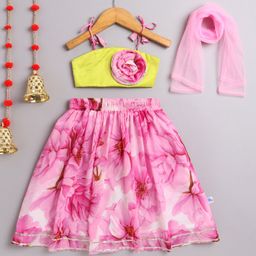 Many frocks & Satin Woven Sleeveless Floral Printed Gota Lace Embellished Lehenga Choli With Dupatta Set - Pink-image-32