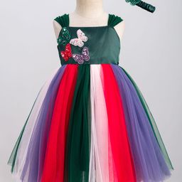 Enfance Sleeveless Butterfly Patch Embroidered & Sequins Embellished Knee Length Dress With Headband Set - Bottle Green-picture-43