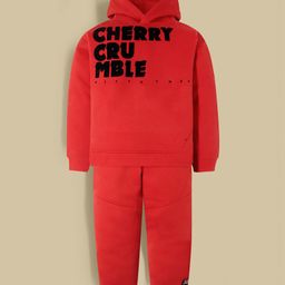 Cherry Crumble By Nitt Hyman Knit Full Sleeves Brand Name Flock Printed Hooded Heavy Winter Sweatshirt & Joggers Set - Red-picture-3