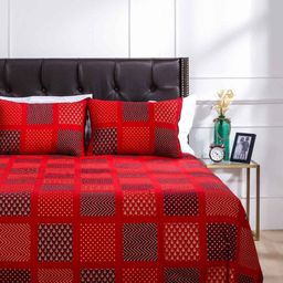 SHAHENAZ Red & Black Geometric 120 TC Queen Bedsheet with 2 Pillow Covers-2