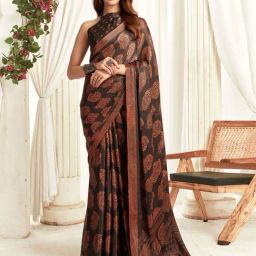 Satrani Black Printed Saree With Unstitched Blouse-picture-3
