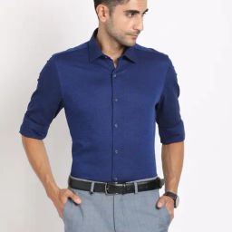 Turtle Blue Cotton Slim Fit Jacquard Shirt-image-9