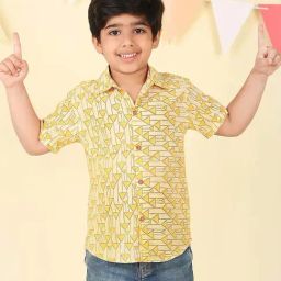 Fabindia Kids Yellow Cotton Regular Fit Printed Shirt-image-61