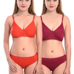 AROUSY Orange & Maroon Cotton Bra Panty Set - Pack Of 2-image-71