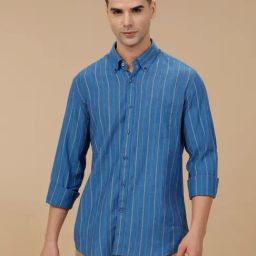 Linen Club Blue Linen Blend Slim fit Stripes casual shirts-image-21
