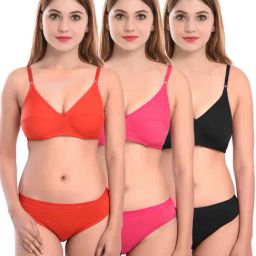 AROUSY Pink & Black Cotton Bra Panty Set - Pack Of 3-image-52