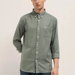 The Bear House Olive Cotton Slim Fit Solid Shirt-image-59