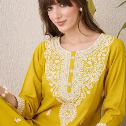Indo Era Mustard Regular Fit Embroidered Kurta-image-25