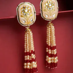 Dugran By Dugristyle Red & Cream Dangler Earrings with Meenakari, Kundan and Pearls-image-12