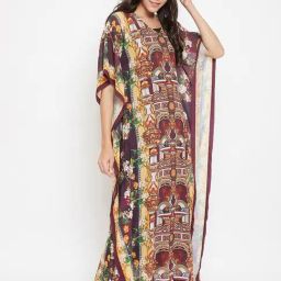The Kaftan Company Maroon Printed Kaftan with Slip Set image 3