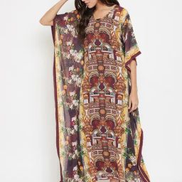 The Kaftan Company Maroon Printed Kaftan with Slip Set image 4
