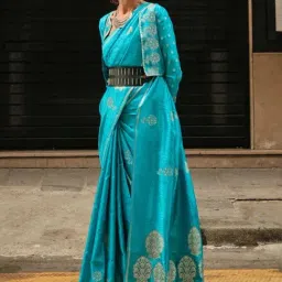 Odette Blue Satin Woven Saree With Unstitched Blouse-image-78