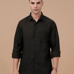 Linen Club Black Linen Slim fit Print casual shirts-image-90