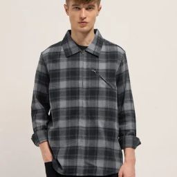 The Bear House Grey Cotton Regular Fit Checks Shacket-image-7