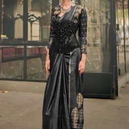 Odette Black Satin Woven Saree With Unstitched Blouse-picture-24