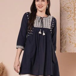 Fashor Blue Pure Cotton Embroidered Three-Quarter Sleeves Kurti-image-21