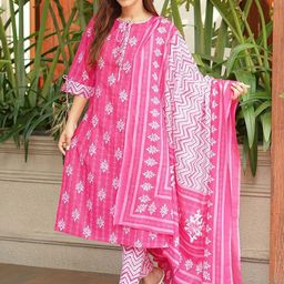 Libas Floral Printed Tie-Up Neck Straight Kurta With Trouser And Dupatta-4