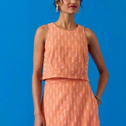 Okhai Peach Apricot Hand-Embroidered Pure Cotton Ikkat Peach Top-picture-30