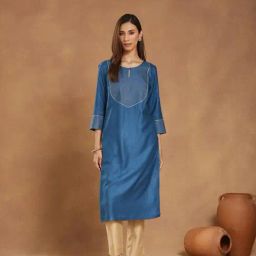 Fabindia Blue Viscose Silk Embroidered Long Kurta-picture-39