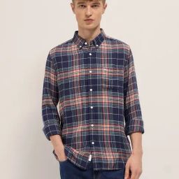 The Bear House Blue Cotton Slim Fit Checks Shirt-image-99