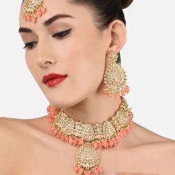 Zaveri Pearls Peach Beads & Dazzling Kundan Necklace, Earring, Maangtikka & Ring Set-ZPFK11591-image-44
