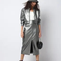 Vero Moda Silver Polyester-Polyurethane Coated Straight Fit Skirts-image-46